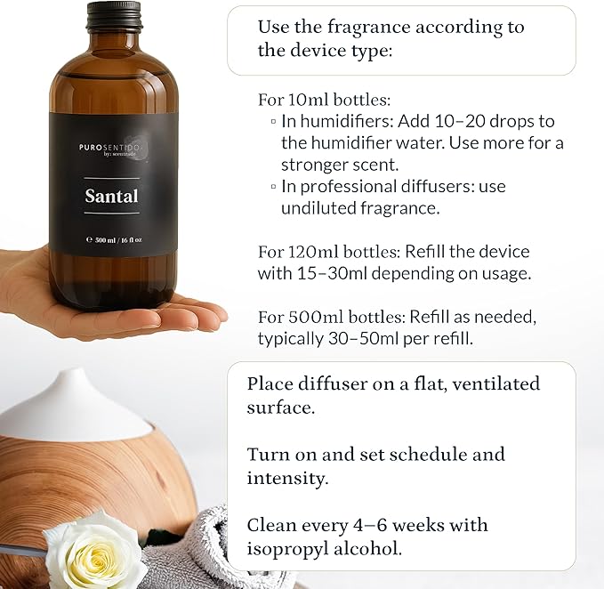 PuroSentido Santal Aroma Oil (10 ml) - Luxury Essential & Fragrance Oil for Diffusers and Humidifiers, Sandalwood, Violet & Amber Home & Hotel Scent