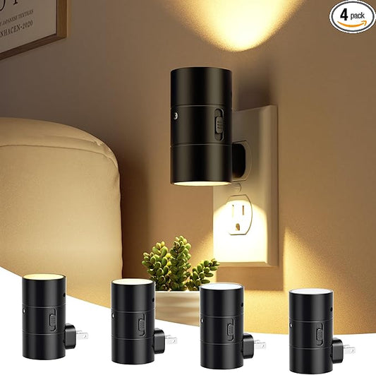 Night Lights Plug Into Wall,3 Color Temperatures LED Night Light Plug in,Dusk to Dawn Sensor,0-100LM Adjustable Brightness,Dimmable Night Lights for Hallway Bathroom Stair Bedroom,Black,4 Pack