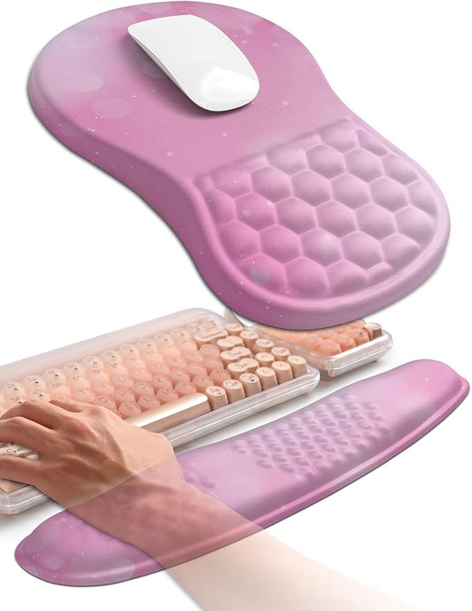 Hokafenle 2in1 Combination, Wave Keyboard Wrist Rest and Ergonomic Curvature Mouse Pad Wrist Support for Relieve Wrist Pain, Filled with Soft Cushion Memory Foam, Romantic Pink