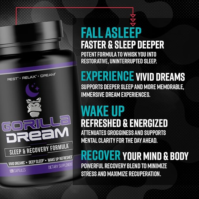 Gorilla Mind Dream Sleep Supplement (120 Capsules) - Nootropic Infused Comprehensive Sleep & Recovery Supplement - GABA, Melatonin, Valerian Root, Magnesium, L-Theanine, Sensoril, Ashwagandha & More
