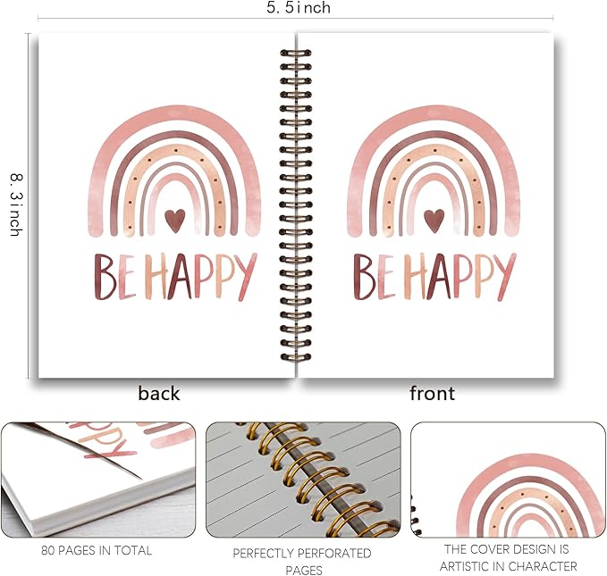 Be Happy Motivational Notebook,Boho Rainbow Notebook Journal,Inspirational Motivational Gifts for Women,Positive Affirmation Gifts Preppy Notebook,Boho Office Supplies,Spiral Notebook 5.5x8.3