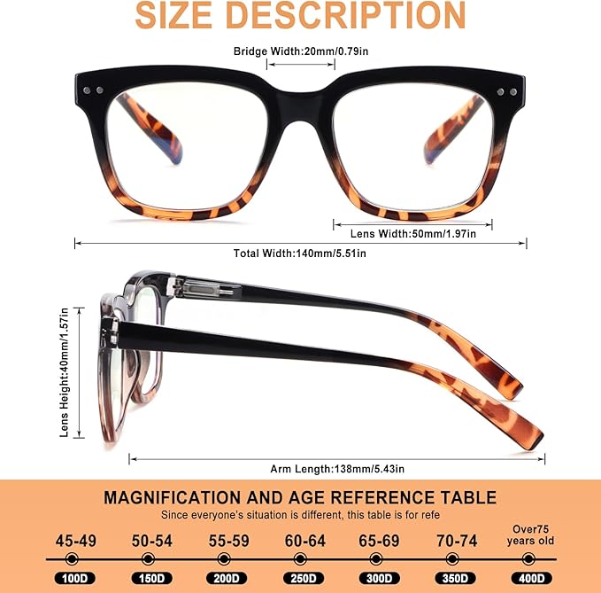 Progressive Multifocus Reading Glasses for Women Men Blue Light Blocking Spring Hinge Square Computer Readers