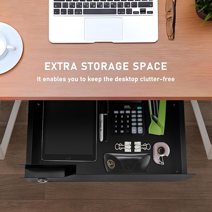 Under Desk Drawer with Lock, 16" W x 11.8" D x 6.3" H Slide Out Mounted Pull-Out Add On Drawer Lockable Storage Black