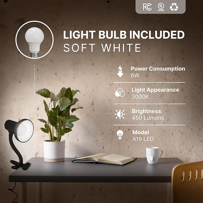 Xtricity LED Desk Light, 360° Adjustable Gooseneck, Home and Office Lamp with 7W A19 Bulb, 120V, On/Off Switch, 14” Height - Reading Lamps for Bedside Table, College Dorm (Black Finish)