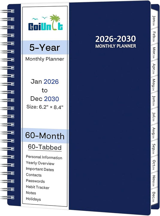 Monthly Planner 2026-2030, 5-Year Calendar Planner 2026-2030, Jan 2026 – Dec 2030, 6.2 x 8.4 In, Ruled Spread, Flexible Cover, Spiral Wirebound, Pocket, 60 Coated Monthly Tabs, Notes ＆ Habit Tracker