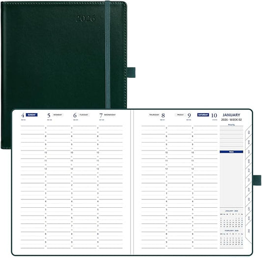 POPRUN 2026 Weekly Planner (Medium 7'' x 8.5''), 30-Minute Hourly Appointment Book (Jan 2026-Dec 2026) with Monthly Tabs, Inner Pockets, Pen Holder, PU Leather Softcover, 100GSM - Dark Green