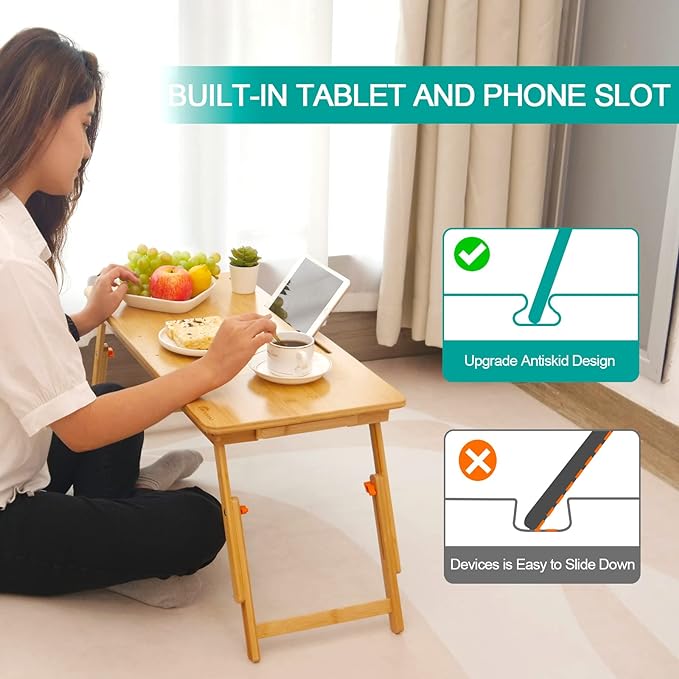 Laptop Desk for Bed, COIWAI Laptop Bed Tray, Bamboo Lap Desk with Tablet Slot, Adjustable Height Angle, Foldable Tray for Sofa Couch Floor, with Storage Drawer - Large