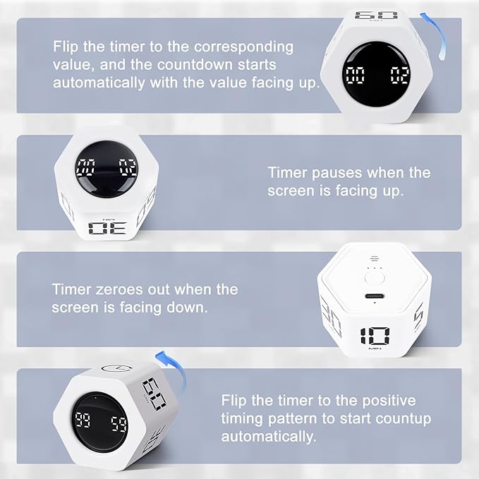 GuDoQi Rotating Pomodoro Timer 1 5 10 30 60 Min Preset, Hexagon ADHD Flip ProductivityTimer Tool Pause, Vibration, Mute, Adjustable Sound Alert for Work, Study, Back to School, Kitchen, White