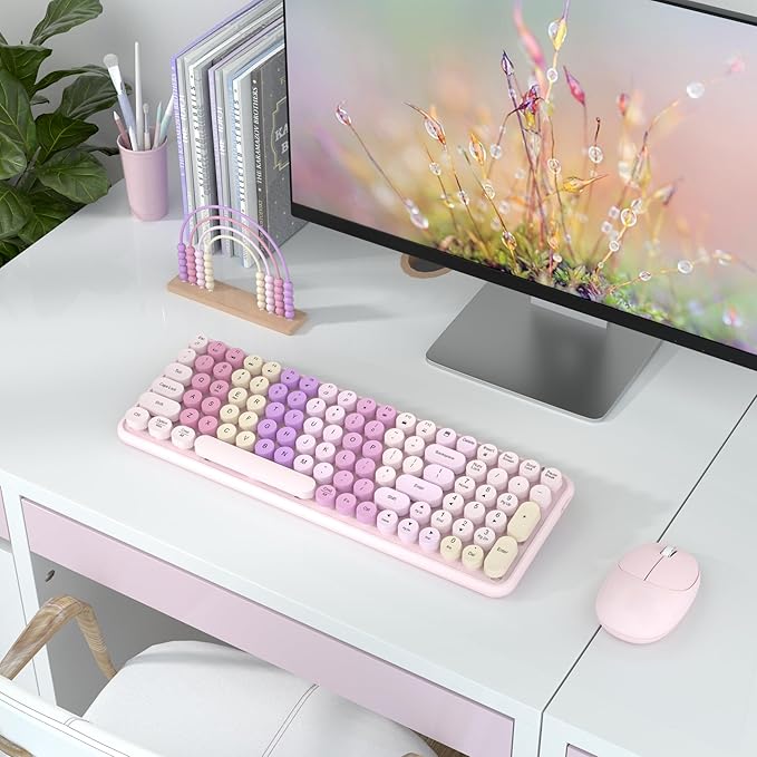 Colorful Wireless Keyboard Mouse Combo, Gradient Rainbow Colors 100 Keys and 2.4GHz Optical Mouse Connection for Windows, Mac, Laptop, PC, Desktop (Pink Colorful)