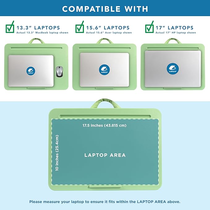 LAPGEAR Original Lap Desk – Large (17.9” x 13”) | Fits Up to 17.3” Laptops | Cushioned with Device Ledge, Pencil Tray & Handle | Portable & Lightweight | Sage Green – Style No. 45151