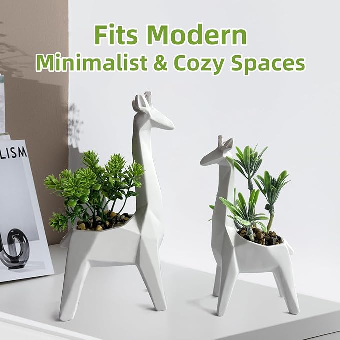 2PCS Cute Artificial Mini Succulent Plants with Creative Giraffe Shaped Pots, Desk Plant for Office Decor for Women,Small Fake Plants for Shelf Desk,Bathroom,Tabletop Decor (White)