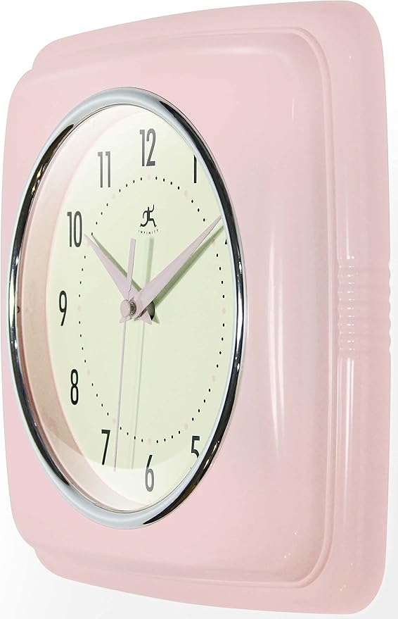 Infinity Instruments Square Silent Retro 9 inch Mid Century Modern Kitchen Diner Retro Wall Clock Quartz Sweep Movement (Pink)