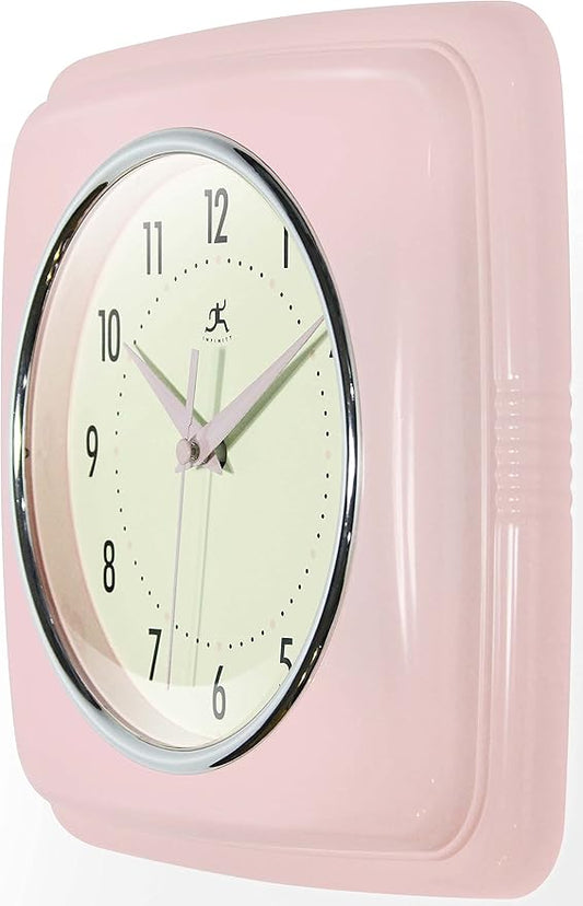 Infinity Instruments Square Silent Retro 9 inch Mid Century Modern Kitchen Diner Retro Wall Clock Quartz Sweep Movement (Pink)