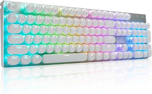HUO JI E-Yooso Z-88 Wired Typewriter Style Mechanical Gaming Keyboard, Programmable RGB Backlit, Blue Switches - Clicky, USB-C Cable, Metal Panel, 104 Double-Shot Keycaps for PC, White