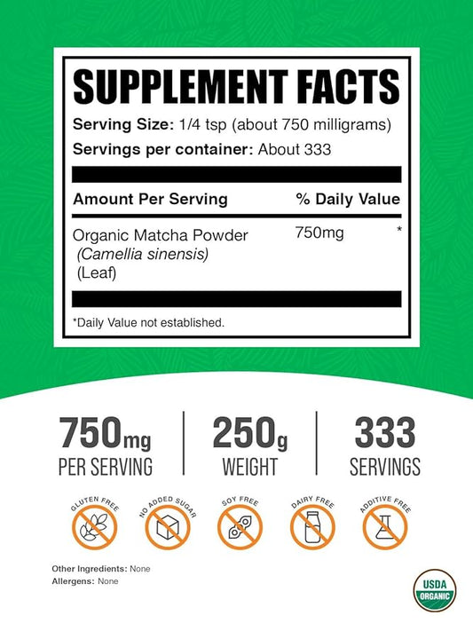BulkSupplements.com Organic Matcha Powder - Matcha Powder for Latte, Culinary Grade Matcha - Organic & Gluten Free, 750mg per Serving, 250g (8.8 oz) (Pack of 1)