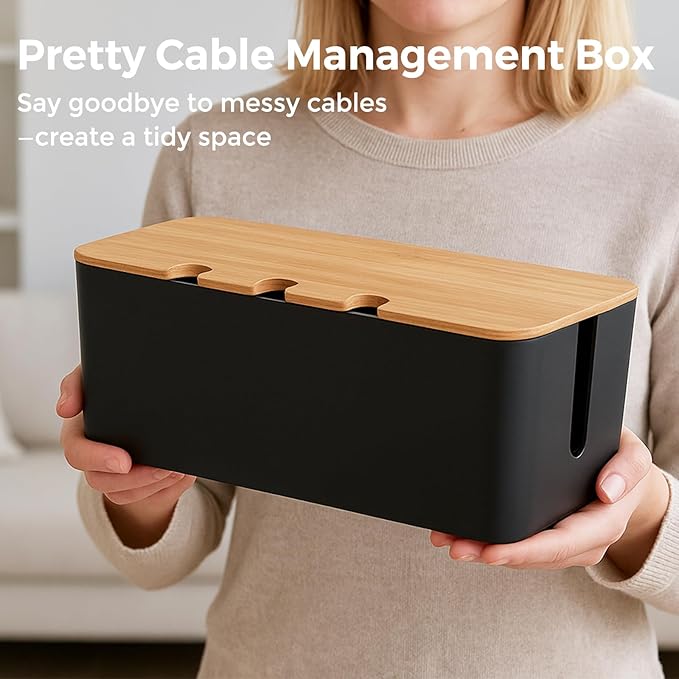 Cable Management Box, Cord Cable Organizer Box with Bamboo Lid, Under Desk Cable Management with 10 Cable Ties and 2 Cable Clip Holders for TV Router Computer USB Hub Black