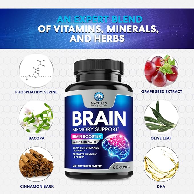 Brain Memory Supplement Pills - Nootropics Support for Concentration, Clarity, Alertness & Focus - Brain Health with Bacopa, Cognitive Vitamins, Phosphatidylserine, DMAE - Brain Booster - 60 Capsules