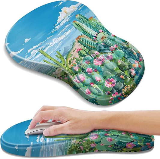 Ergonomic Mouse Pad with Wrist Rest Support, Mousepad with Comfortable Memory Foam Wrist Rest and Non-Slip PU Base for Pain Relief, Computer, Laptop, Office, Home (Cactus)