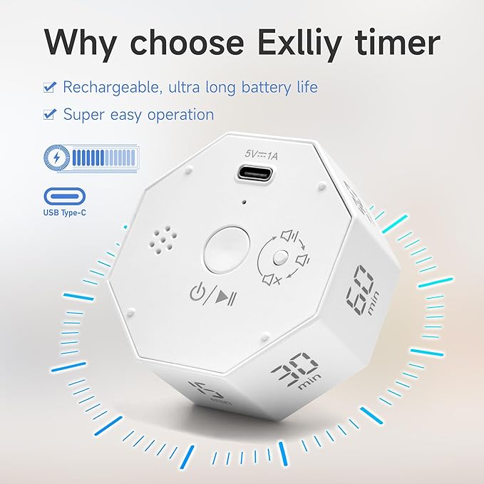 Visual Countdown Timer 1,3,5,15,30,60,90 Minutes Preset, Desk Productivity Cube w/Gravity Sensor for ADHD, Mute Functions, Ideal for Work, Study, Kitchen, Back to School (1, White)