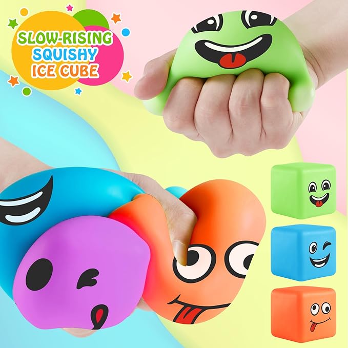 Slow Rising Stress Cube 30 Pack, Square Cube Fidget Ice Cube Stress Balls, Dough Stress Balls Soft Fidget Squishy Toys for Anxiety Relief, Pull Stretch Squishy Toy, Classroom Prize (Smile 4PACK)