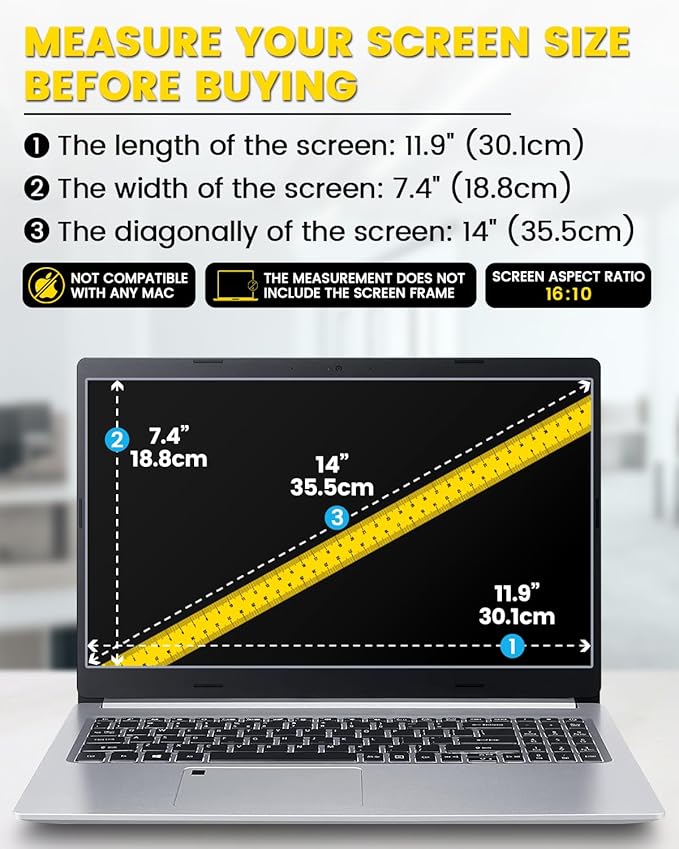 F FORITO 14 Inch 16:10 Laptop Privacy Screen Protector, 360° Anti Peeping and Anti Glare Laptop Privacy Shield Compatible with All 14" Laptops with 16:10 Aspect Ratio