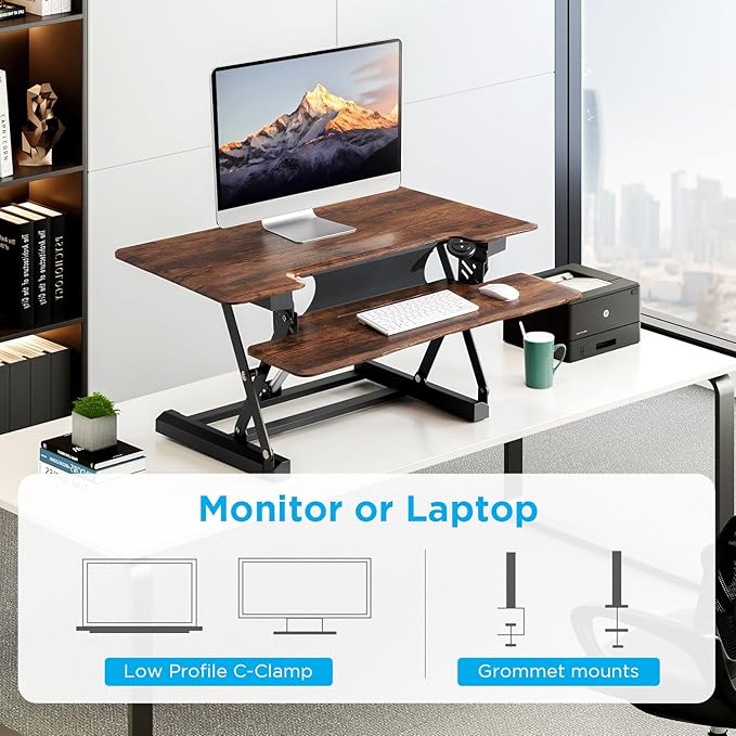 32" Electric Standing Desk Converter, Dyropcurv Series Height Adjustable Computer Desk Ergonomic Home Office Desk for Adults, Sit to Stand Desk with Quiet Motor, Vintage Brown