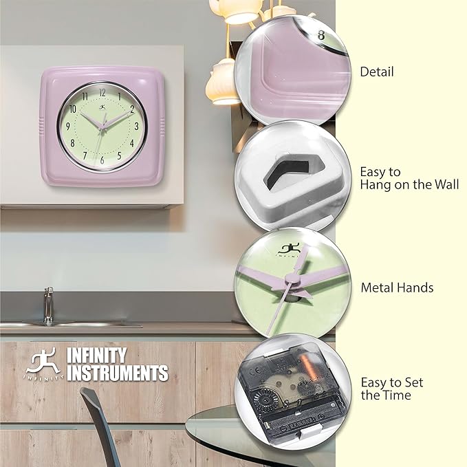 Infinity Instruments Square Retro Wall Clock, Pastel Pink, 9.25"