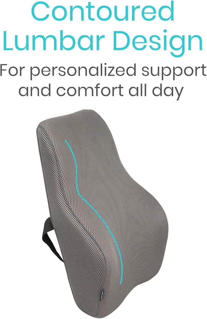 Vive Full Lumbar Cushion - Memory Foam Contour Support for Lower Back Pain - Ergonomic Pressure Relief for Office Chair, Car - Large Mesh Orthopedic Seat Backrest Roll for Improving Posture (Gray)