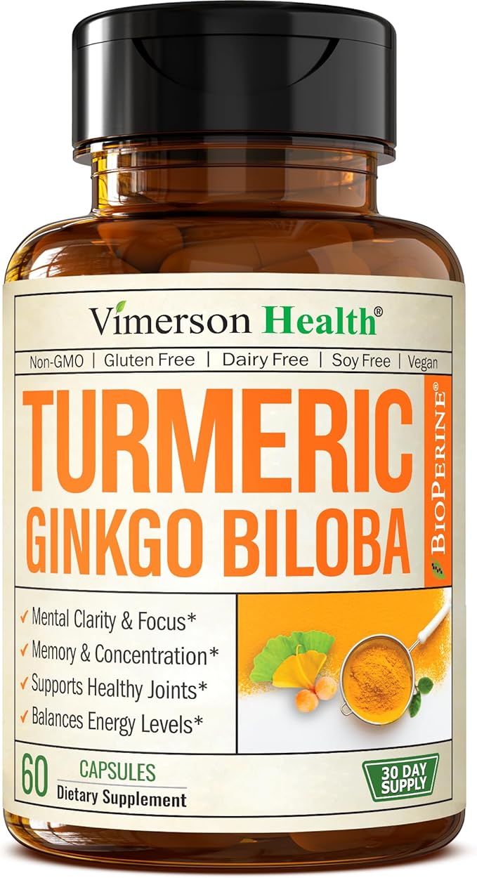 Ginkgo Biloba and Turmeric Curcumin Supplement with Black Pepper & Organic Tumeric – Natural Turmeric Supplement for Focus, Memory, Joint & Brain Health – 60 Vegan Ginko Biloba Capsules with Curcuma