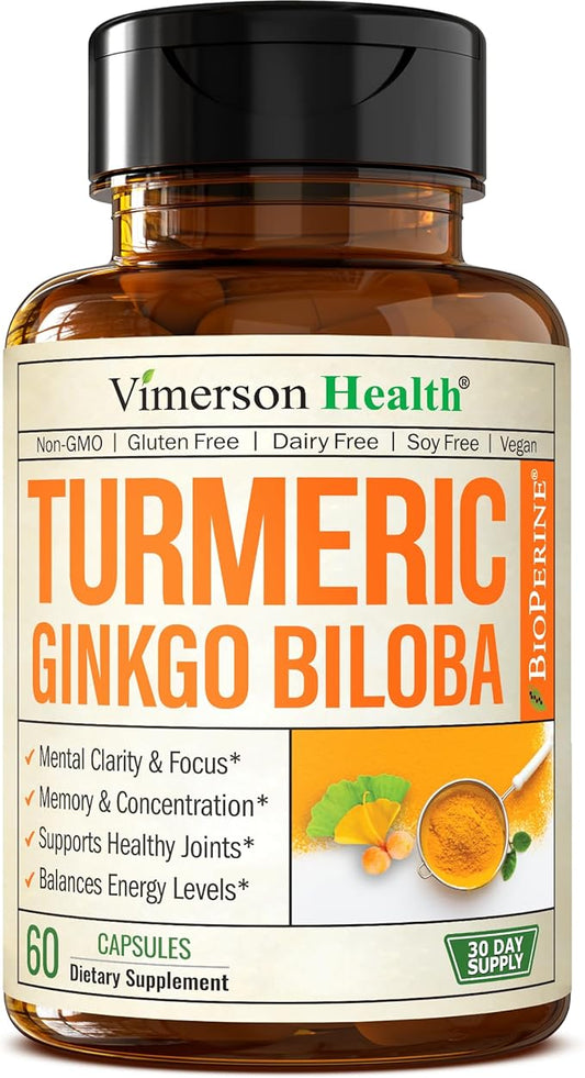 Ginkgo Biloba and Turmeric Curcumin Supplement with Black Pepper & Organic Tumeric – Natural Turmeric Supplement for Focus, Memory, Joint & Brain Health – 60 Vegan Ginko Biloba Capsules with Curcuma