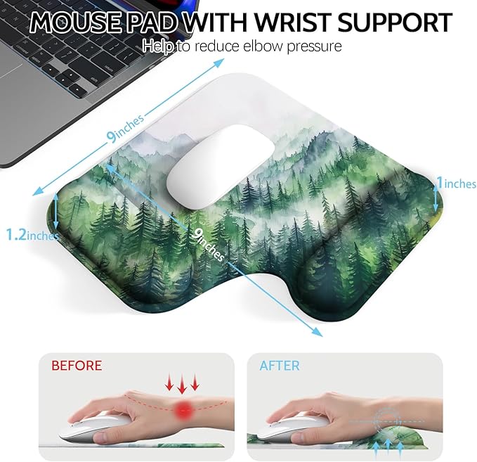 Ergonomic Mouse Pad with Gel Wrist Rest (1"& 1.2" Dual Height) - Mouse Pads Compact Mousepad Desk Mat Office, Gaming & Carpal Tunnel Relief | Non-Slip Rubber Base Misty Forest