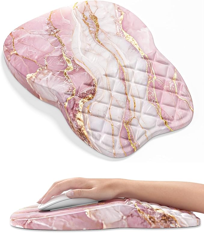 Auhoahsil Ergonomic Mouse Pad with Wrist Rest, Comfortable Slope Computer Mouse Mat with Wrist Support, Memory Foam Filling, Non-Slip Silicone Base, Pain Relief for Gaming Work, 8" x 12", Pink Marble