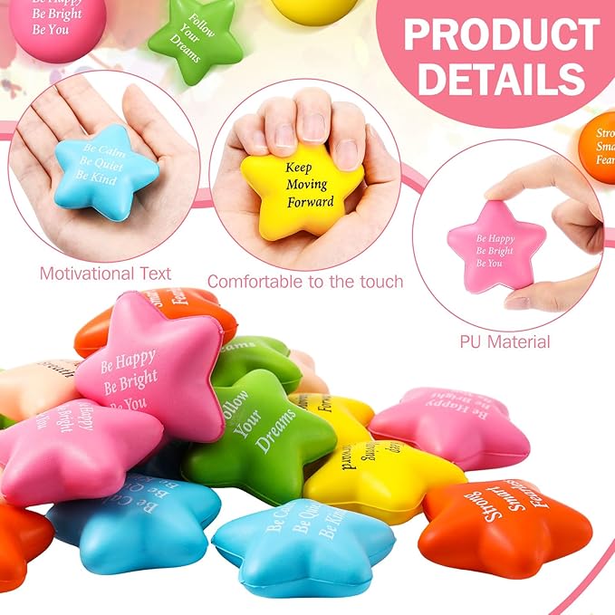 Aoriher 36 Pcs Motivational Stress Balls Quotes Inspirational Funny Colorful Foam Balls Hand Exercise Stress Relief Gifts for Office Small Anxiety Toys for Relief Motivating Supply (Star, Round)