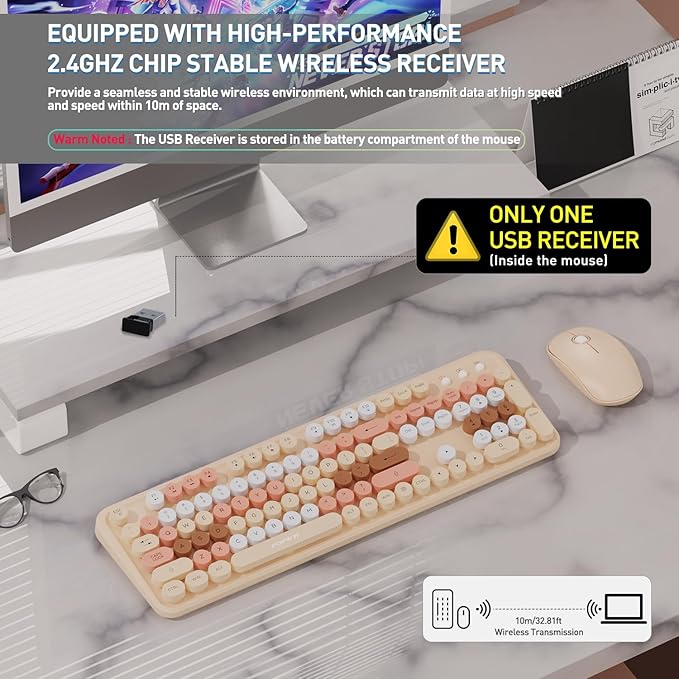 Cute Retro Wireless Keyboard and Mouse Combo with Round Key, 2.4Ghz Dropout-Free Connection, Typewriter Wireless Keyboard and Mouse Set for PC, Laptop, Desktop Computer - Brown Colorful