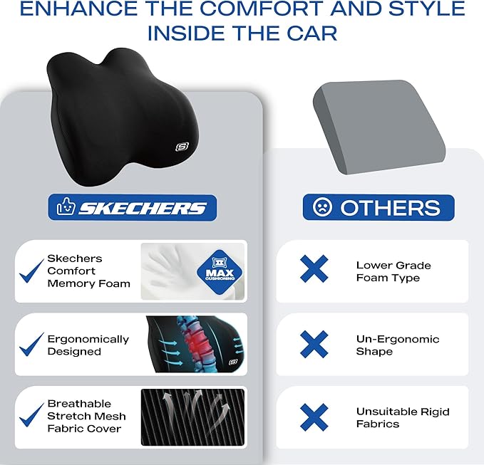 Skechers Memory Foam Lumbar Pillow,Lumbar Support Pillow for Office, Chair Lower Back Pain Relief Lumbar Pillow, Ergonomic Design Back Support Pillow for Office Chair, Car, Home, Travel,Black