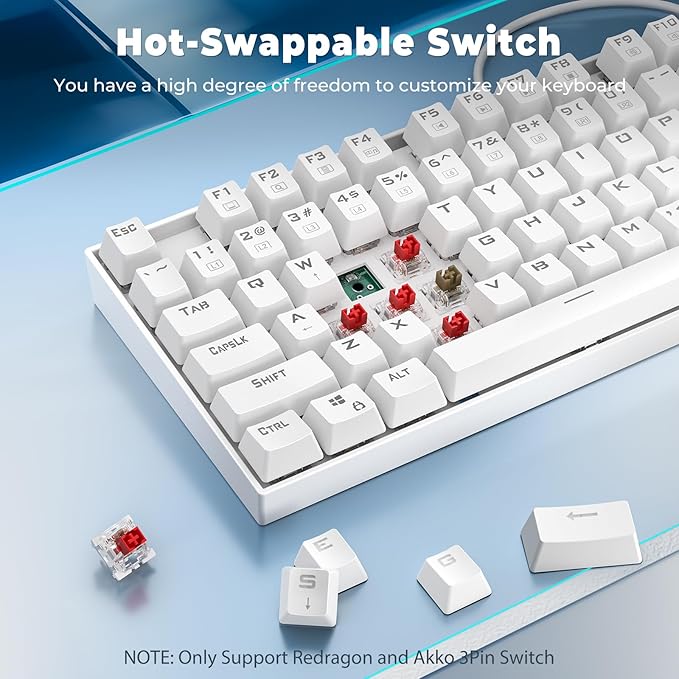 Redragon K552 Mechanical Gaming Keyboard, 87-Key Compact, LED Gaming Keyboard with Red Switches, Anti-Ghosting, Metal Frame for PC Gaming & Typing, Beginner-Friendly (White)