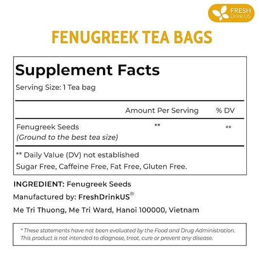 FreshDrinkUS, Premium 30 Fenugreek Tea Bags, 100% Natural & Pure from Fenugreek. Fenugreek Herbal Tea. Made with Natural Material Tea Bags. No Sugar, No Caffeine, No Gluten, Vegan.