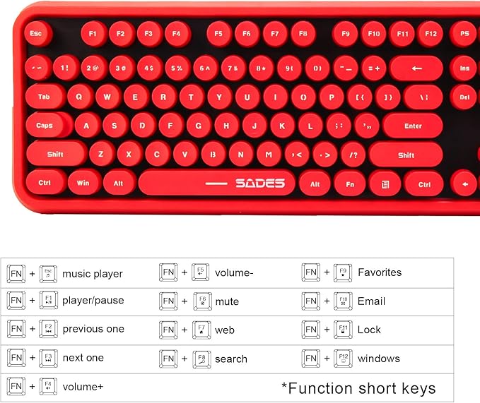 Wireless Keyboard Mouse Combo,2.4GHz Waterproof Keyboard with Round Retro Style Red Key and Optical Wireless Gaming Mouse with 3 Adjustable DPI,Compatible with PC, Computer, Laptop, Desktop, Note-Red