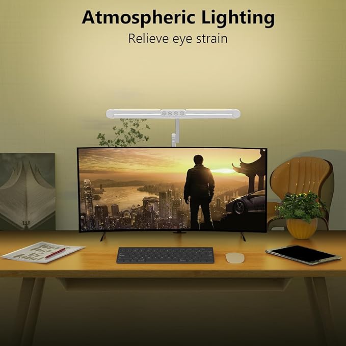 Micomlan Architect Desk Lamp with Clamp, Led Desk Lamp for Home Office with Remote Control, 24W Bright Dimmable Computer Light with Atmosphere Lighting Adjustable Table Light(Remote)