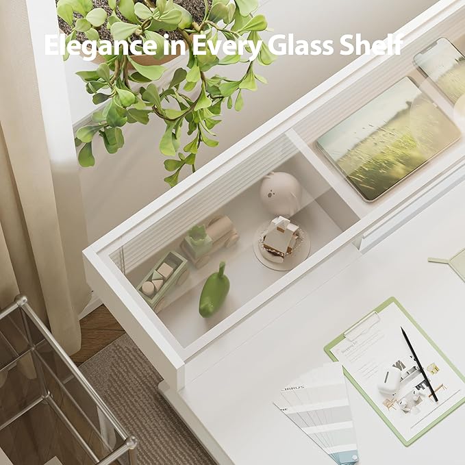 Agilestic Glass Standing Desk with Storage, 48 Inch Electric Adjustable Desk with Glass Shelf and Cable Management, Sit Stand Up Home Office Computer Table, Splice Board, White