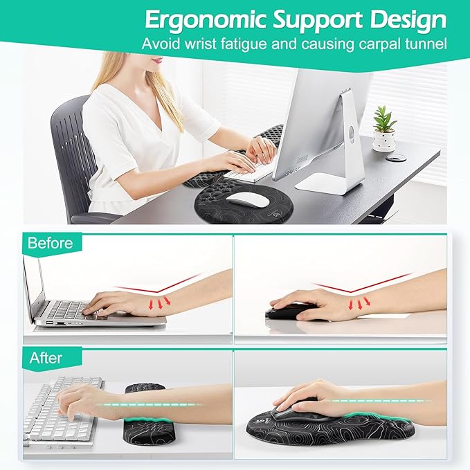Gimars Upgrade Ergonomic Ultra-Soft Foam Keyboard Mouse Pad Wrist Rest Set, Smooth &Enlarge Wrist Support for Pain Relief, Computer, Laptop, Mac, Gaming, Office