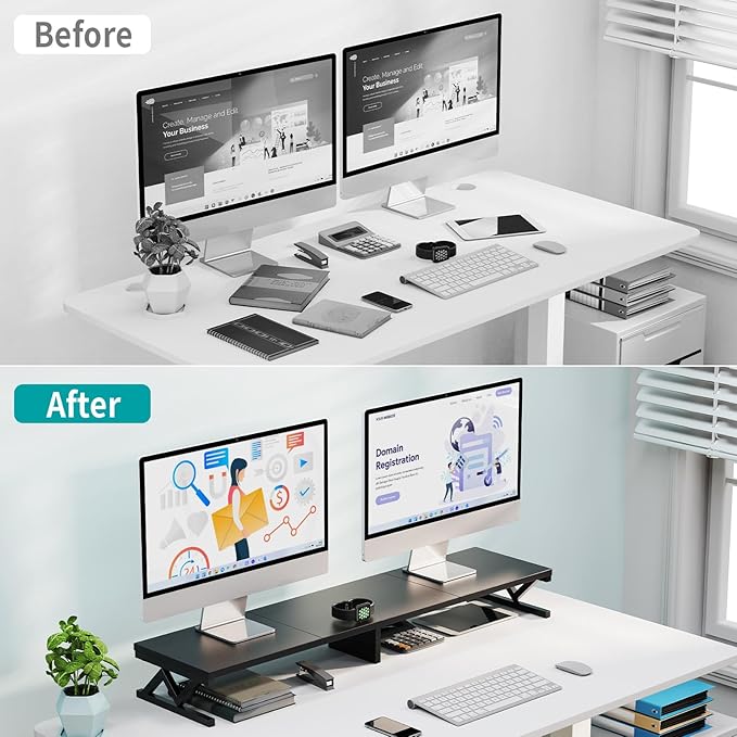 Dual Monitor Stand Riser, Large Wood Monitor Lift with Storage, Sturdy Wood&Steel Multi Screen Stand, Desktop Organizer