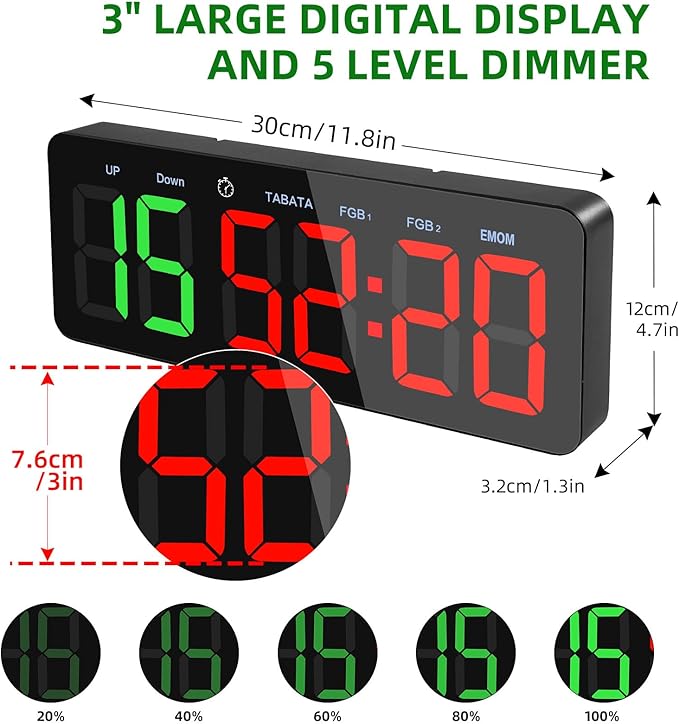 PELLOR Gym Timer Clock, Interval Timer with Function Mode Display, USB Plug-in Countdown/UP Stopwatch Adjustable Brightness with Controller, 3'' Large Digits Digital Wall Clock for Home Gym Room