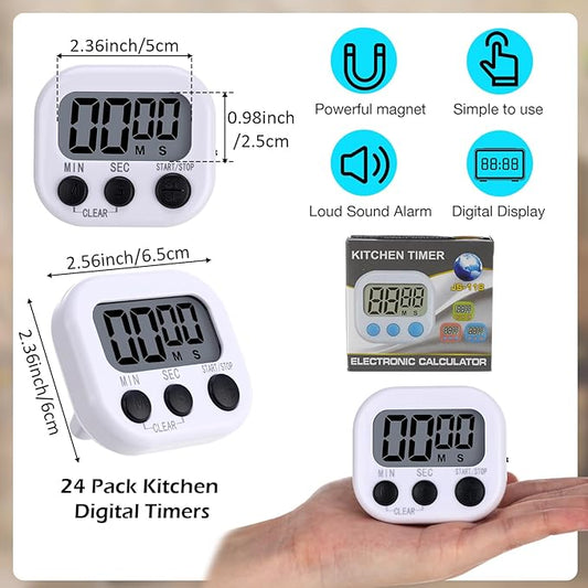 Leumoi 24 Pcs Digital Kitchen Timers Magnetic Back Timers Bulk Large Screen Loud Alarm On/Off Switch Minute Second Count up Countdown Memory Setting for Cooking Classroom Exercise (White and Black)