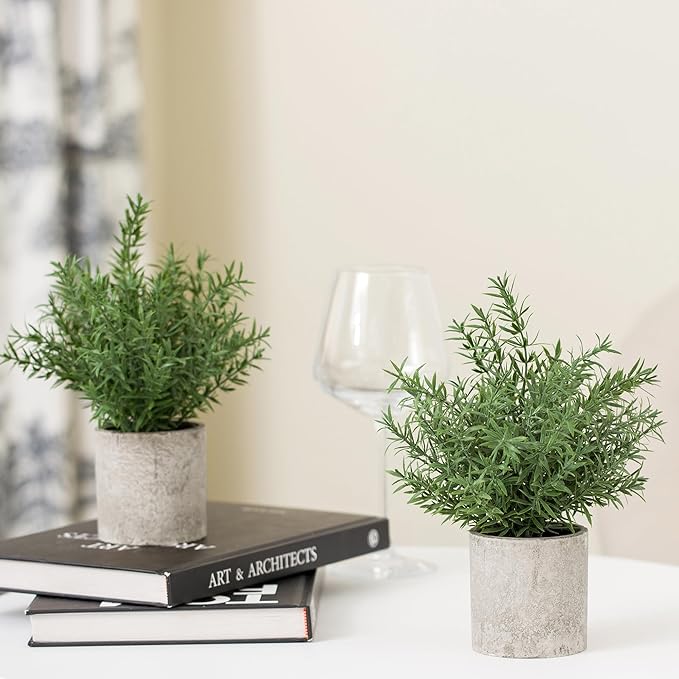 2 Pack Small Fake Plants Rosemary Potted Artificial Plants for Shelf Desk Home Kitchen Bathroom Farmhouse Room Coffee Table Decor (Green)