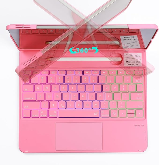 Keyboard Case for iPad Air 13 inch M3 2025&M2 2024, Mulit Touchpad Backlight 360 Rotatable Cover Wireless Pencil Holder Pink
