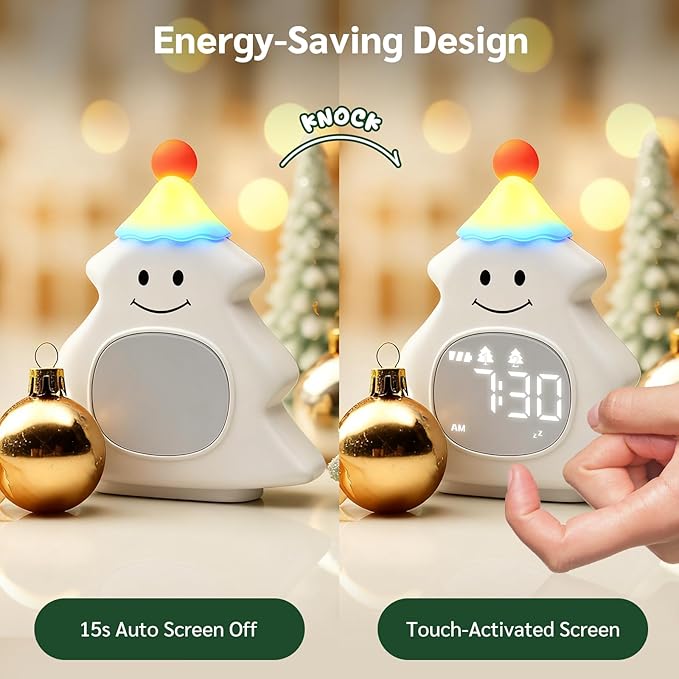 Yiliaw Kids Alarm Clock with Night Light, Christmas Tree Wake Up Clock, Rechargeable Cute Alarm Clock for Bedroom, for Boys and Girls, White