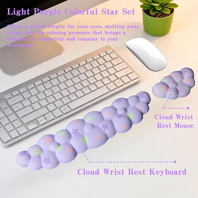 Cloud Wrist Rest Set for Keyboard and Mouse, Includes Cute Coaster, with Computers and Laptops (Light Purple Colorful Star Set)