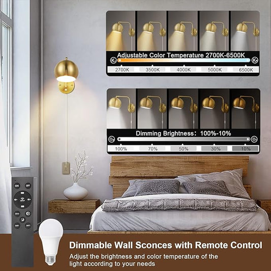 Wall Sconce with Remote Control, Plug in Wall Sconces Dimming 0-100% and Adjustable Color Temperature 2700K-6000K, Brushed Brass Globe Swing Arm Wall Lights with Plug in Cord(2 Pack, 2 Bulbs)