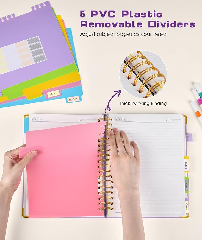 Hardcover Spiral Notebook journal with Removable Dividers Tabs, 300 Pages Leather 5 Subject Notebook College Ruled, 100GMS A5 Notebooks for Work School Note taking,Lined Journal for Women,A5 Purple